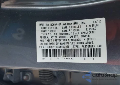 2016 Honda Accord Ex-L from USA, damaged, VIN 1HGCR2F8XGA003389
